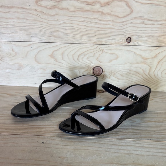 Stuart Weitzman Align II Black Patent Wedge Sandals - Picture 1 of 10